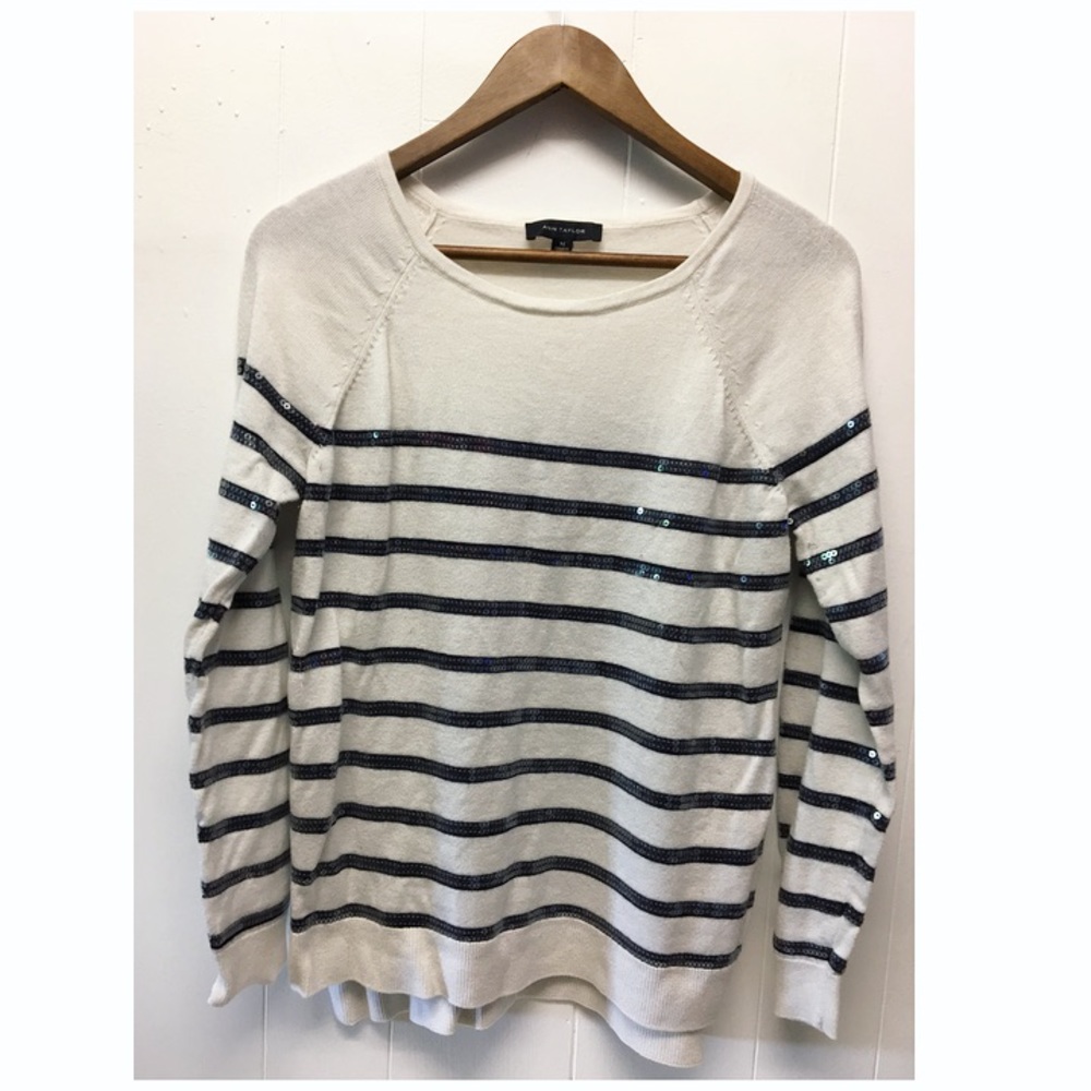 Ann Taylor | White Sequin Striped Long Sleeve Top •